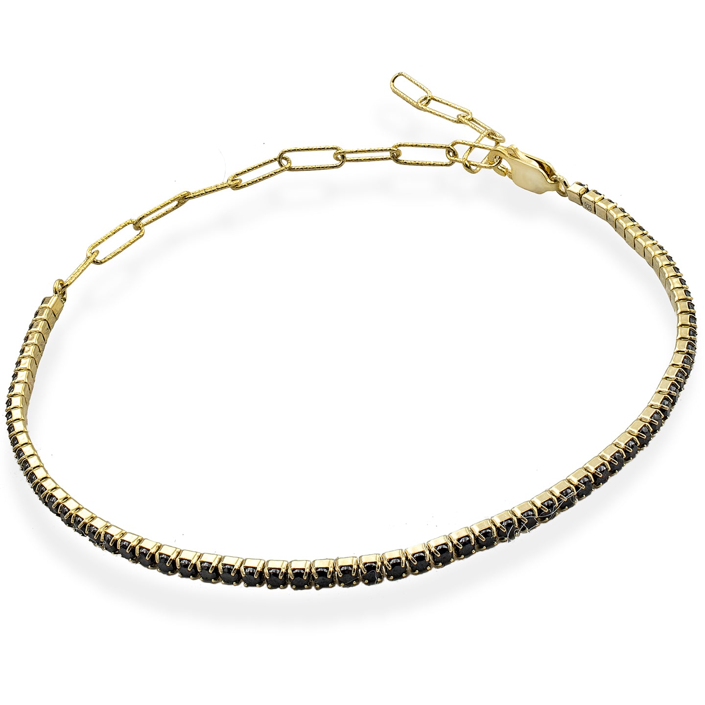 Bratara de picior argint Tennis cu pietre negre Black Spark - placata aur galben 18K