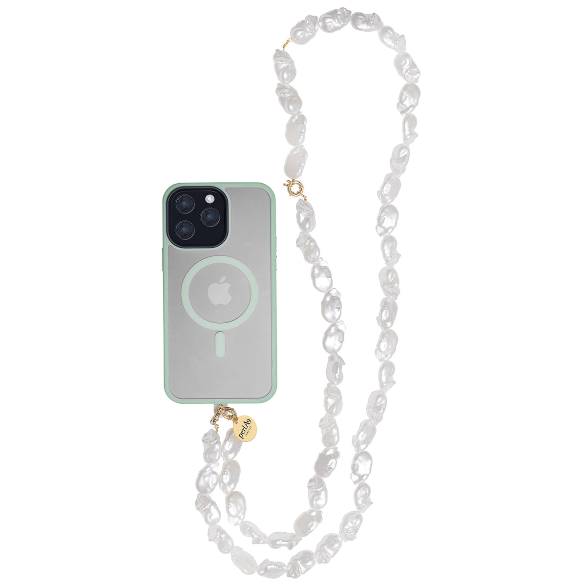 Perla9 Lant telefon / Colier / Curea THE CHUNKY accesoriu multifunctional din perle sintetice - placat cu aur galben
