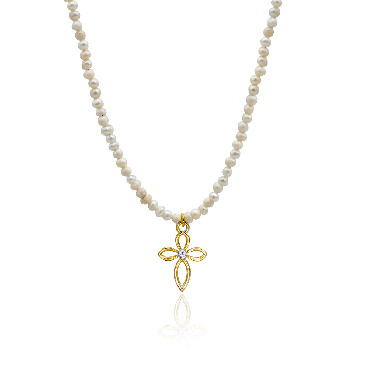 Colier perle si cruce argint Royal Pearl - placat aur galben 18 K