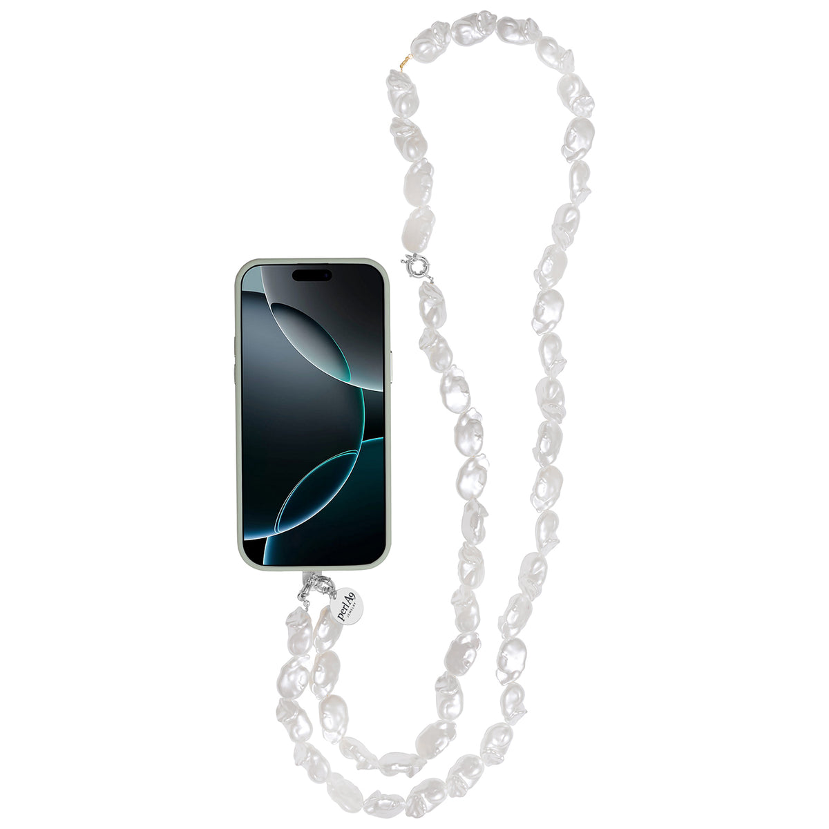 Perla9 Lant telefon / Colier / Curea THE CHUNKY accesoriu multifunctional din perle sintetice - placat cu argint
