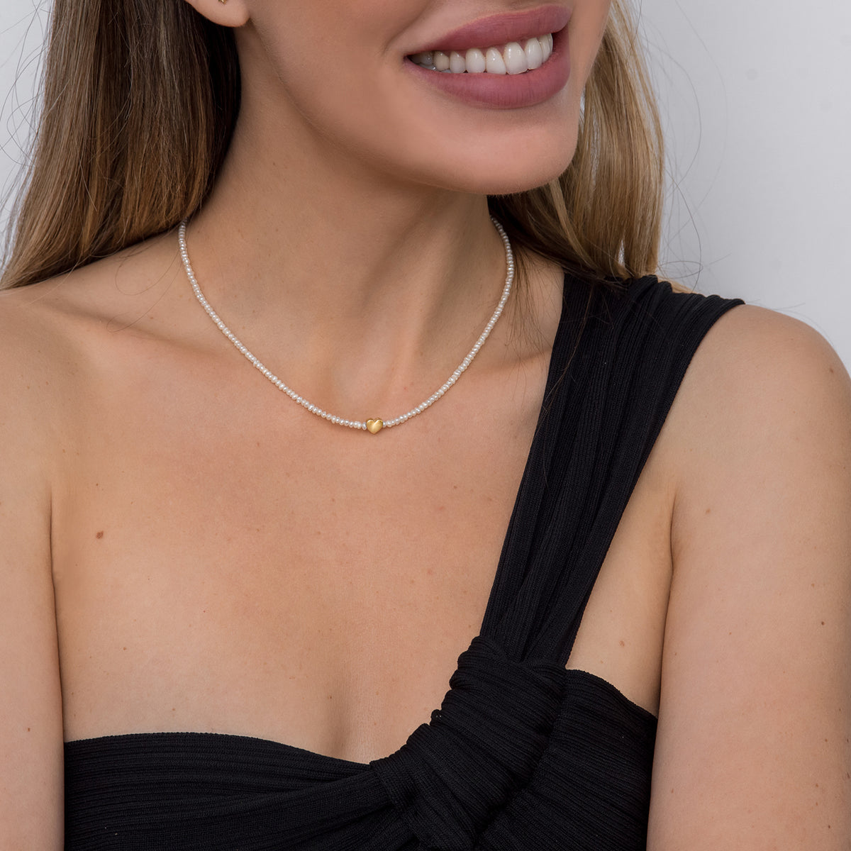 Colier perle argint cu inima Pearl Heart - placat aur galben 18K