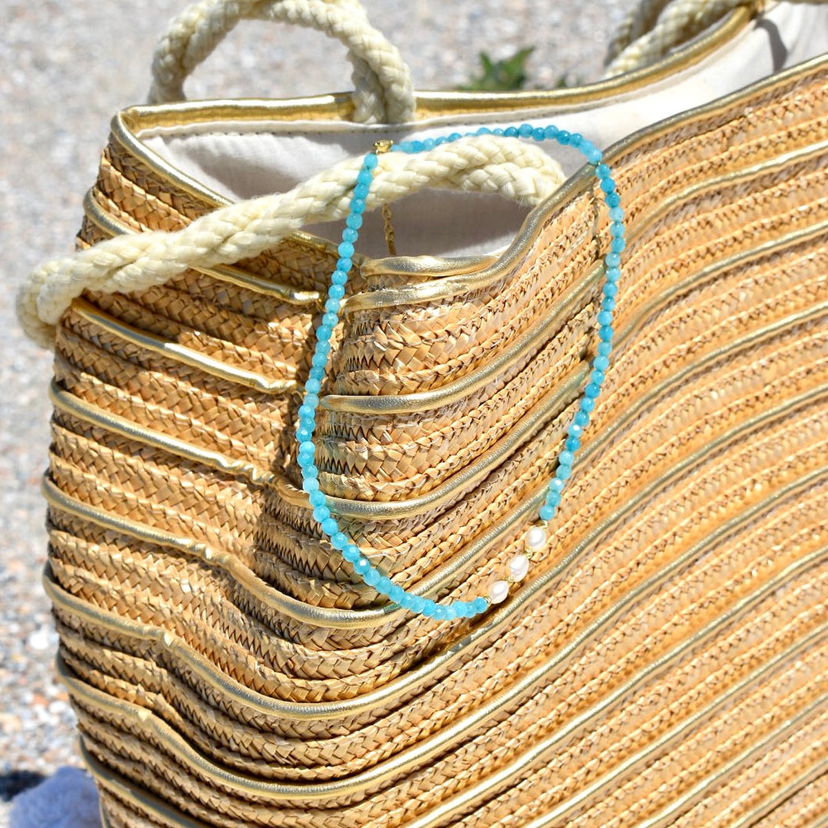 Colier perle si pietre argint Blue Sand - placat aur galben 18K