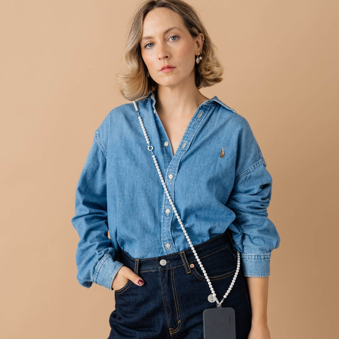 Perla9 Lant telefon / Colier / Curea THE CLASSY accesoriu multifunctional din perle scoica - placat cu argint