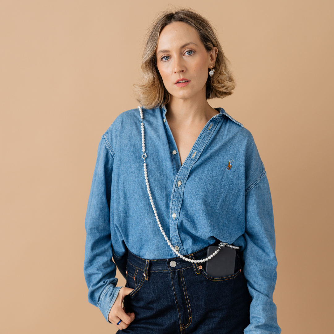 Perla9 Lant telefon / Colier / Curea THE CLASSY accesoriu multifunctional din perle scoica - placat cu argint