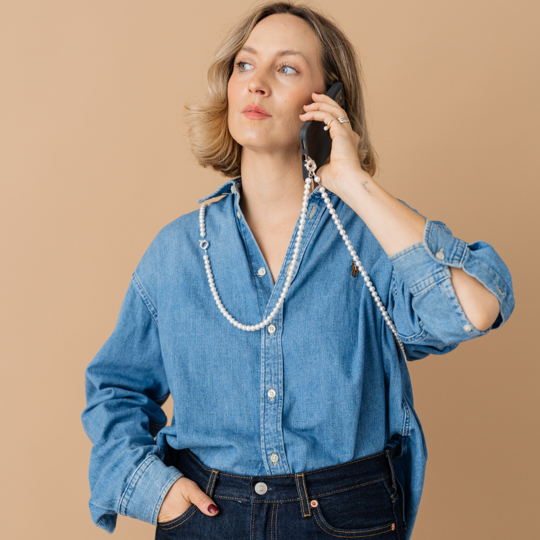 Perla9 Lant telefon / Colier / Curea THE CLASSY accesoriu multifunctional din perle scoica - placat cu aur galben