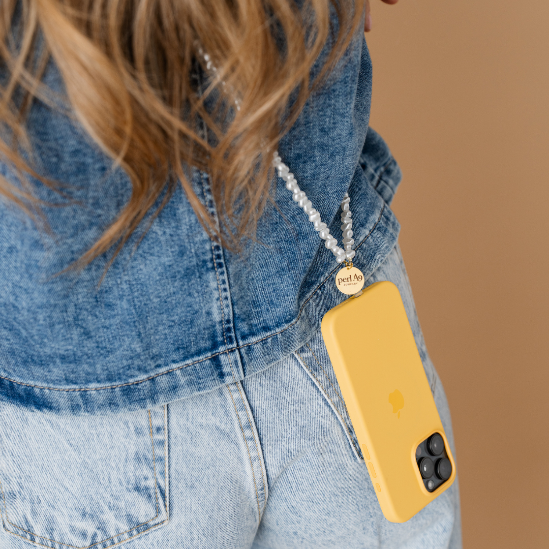 Perla9 Lant telefon / Colier / Curea THE TWIST accesoriu multifunctional din perle sintetice - placat cu argint