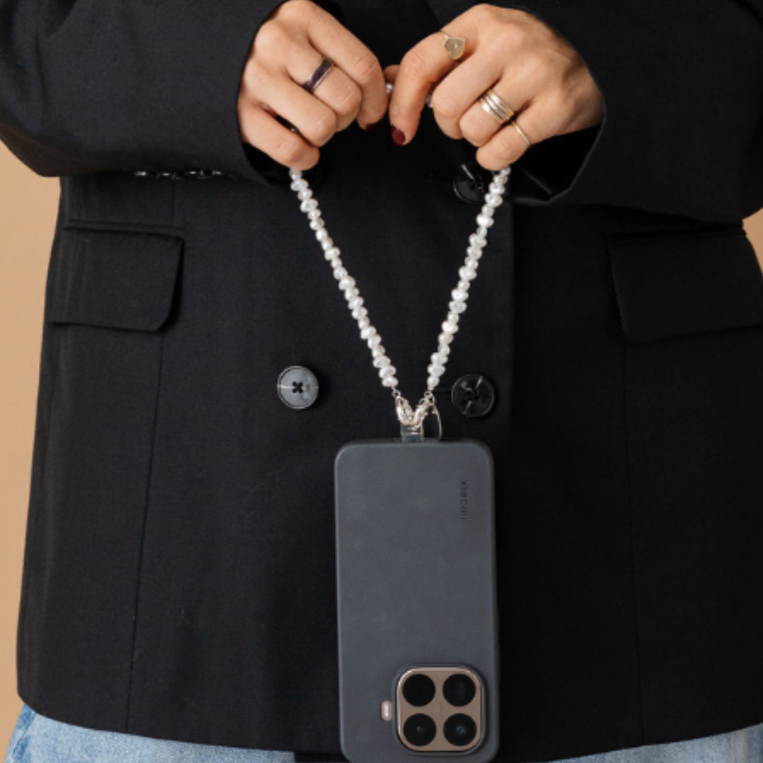 Perla9 Maner telefon / Colier THE TWIST accesoriu multifunctional din perle sintetice - placat cu argint
