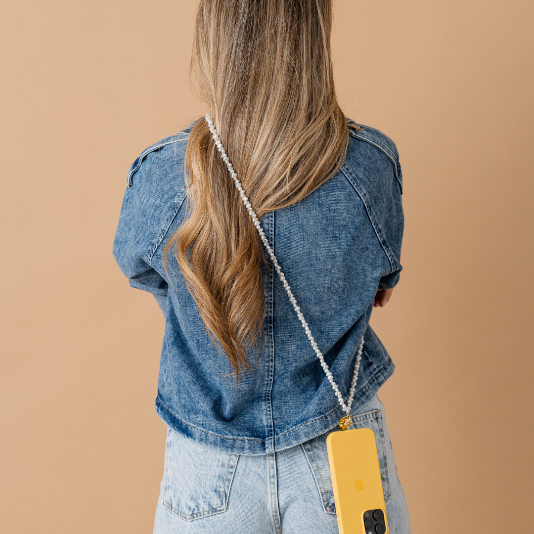 Perla9 Lant telefon / Colier / Curea THE TWIST accesoriu multifunctional din perle sintetice - placat cu argint