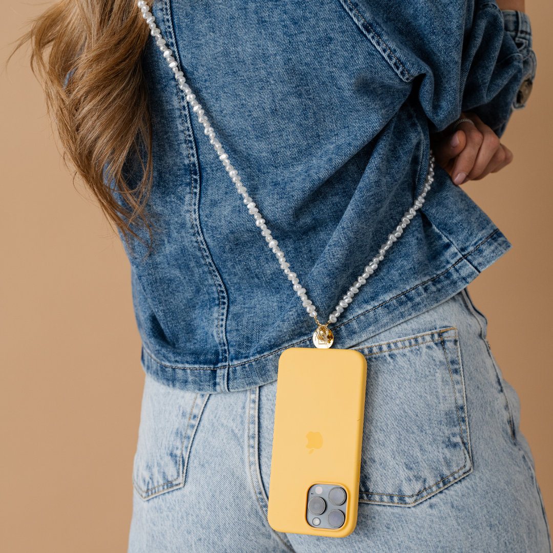 Perla9 Lant telefon / Colier / Curea THE TWIST accesoriu multifunctional din perle sintetice - placat cu argint