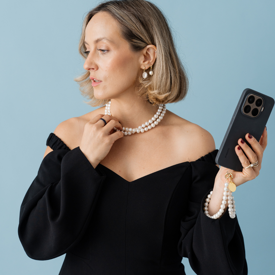 Perla9 Lant telefon / Colier / Curea THE NATURAL accesoriu multifunctional din perle de cultura - placat cu argint