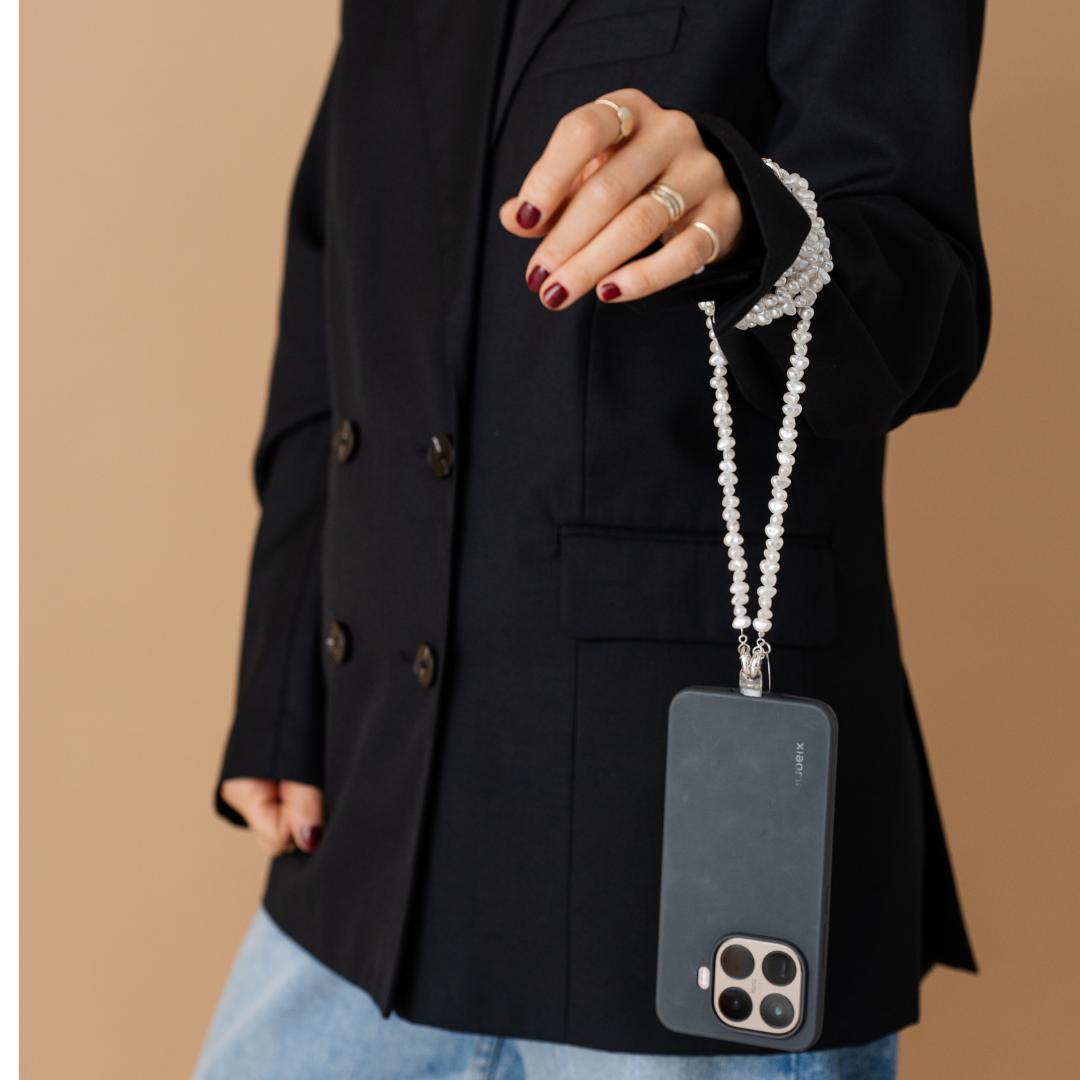 Perla9 Lant telefon / Colier / Curea THE TWIST accesoriu multifunctional din perle sintetice - placat cu argint