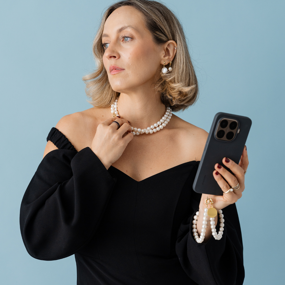 Perla9 Maner telefon / Colier THE NATURAL accesoriu multifunctional din perle de cultura - placat cu argint