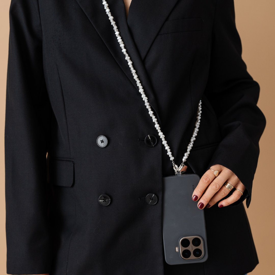 Perla9 Lant telefon / Colier / Curea THE TWIST accesoriu multifunctional din perle sintetice - placat cu aur galben