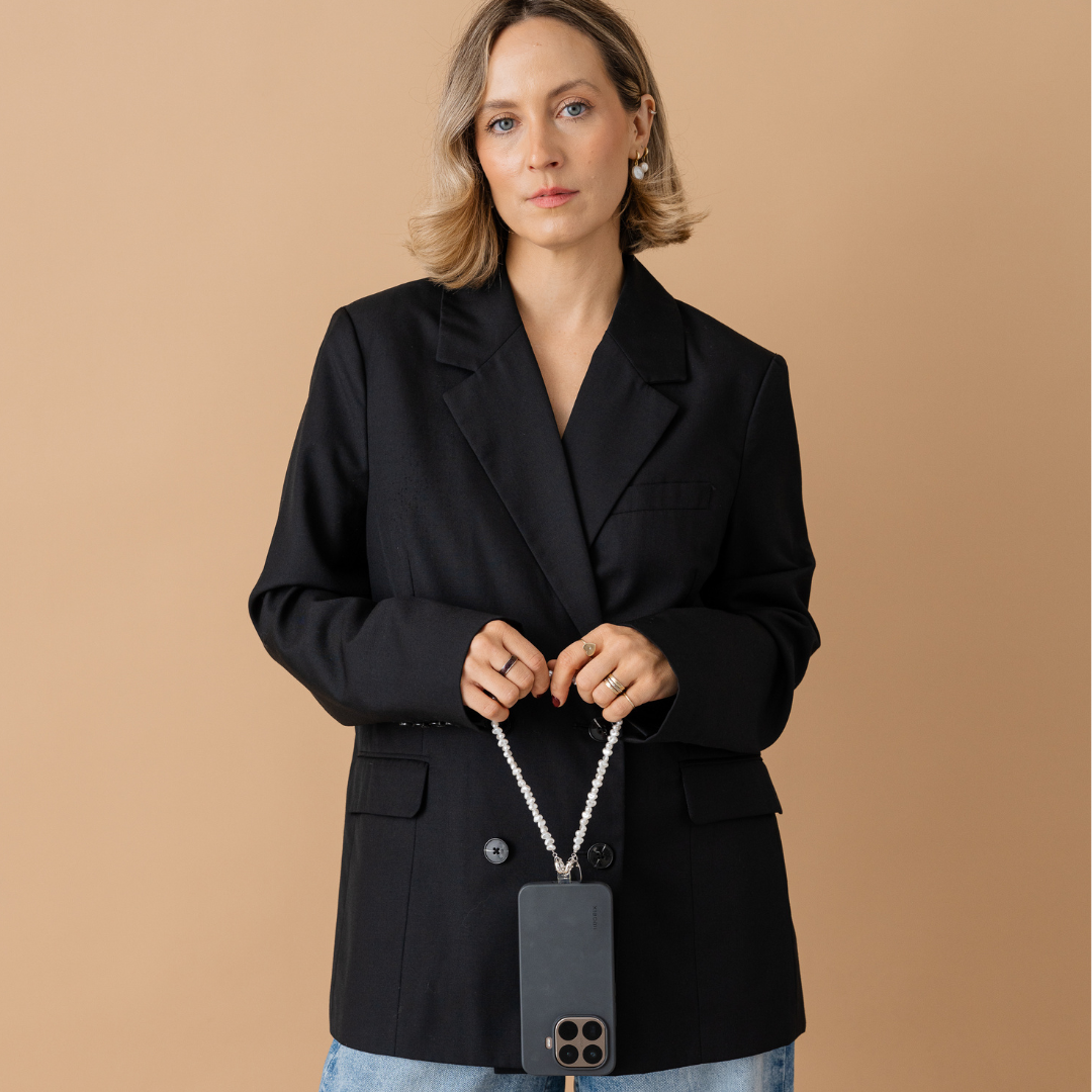 Perla9 Lant telefon / Colier / Curea THE TWIST accesoriu multifunctional din perle sintetice - placat cu argint