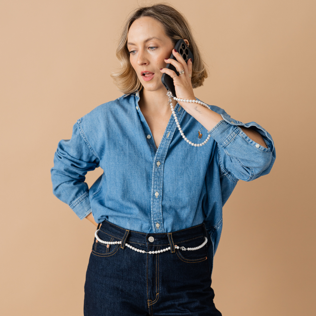 Perla9 Lant telefon / Colier / Curea THE CLASSY accesoriu multifunctional din perle scoica - placat cu aur galben