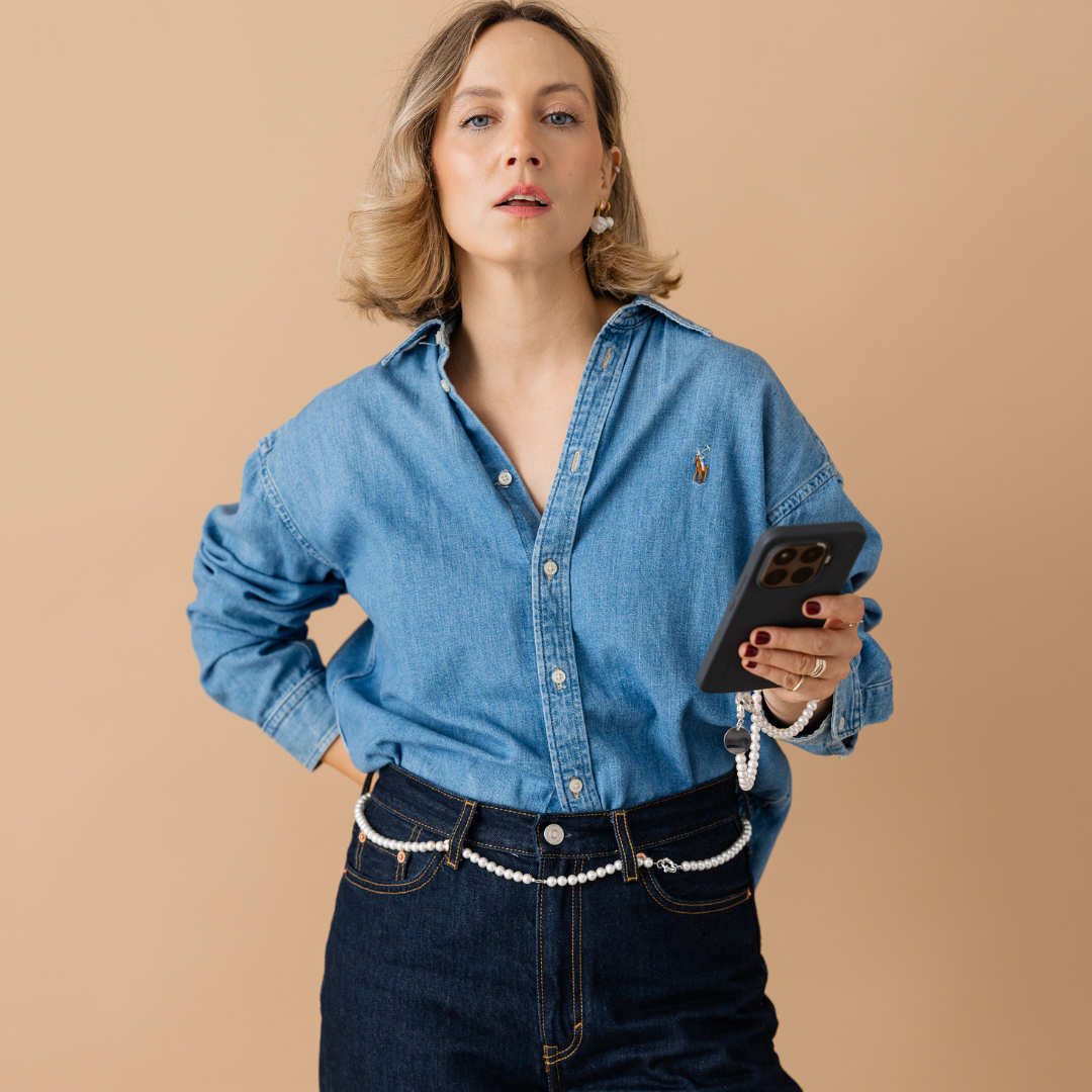 Perla9 Lant telefon / Colier / Curea THE CLASSY accesoriu multifunctional din perle scoica - placat cu argint