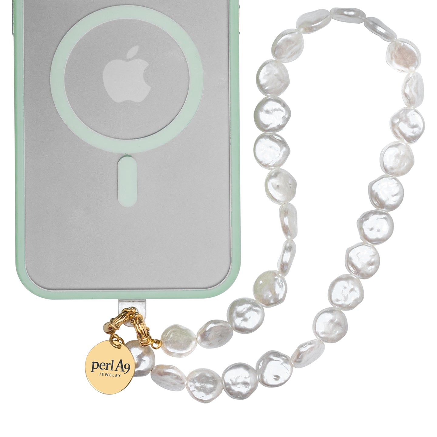 Perla9 Maner telefon / Colier THE MOONLIGHT accesoriu multifunctional din perle sintetice - placat cu aur galben