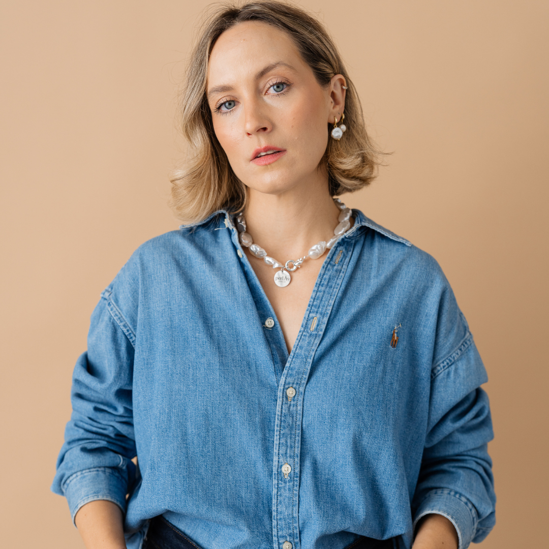 Perla9 Lant telefon / Colier / Curea THE CHUNKY accesoriu multifunctional din perle sintetice - placat cu aur galben