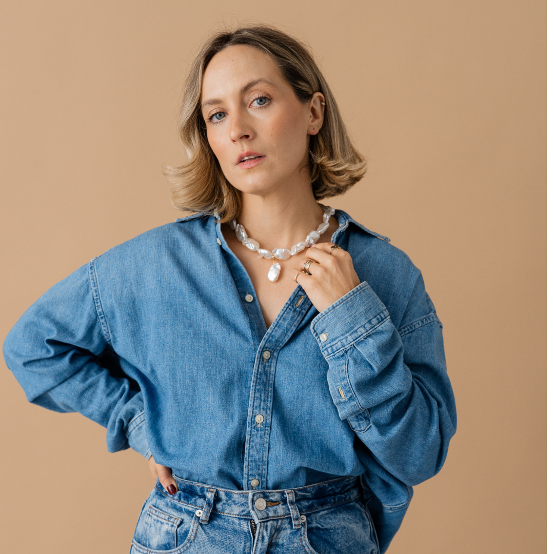 Perla9 Lant telefon / Colier / Curea THE CHUNKY accesoriu multifunctional din perle sintetice - placat cu aur galben