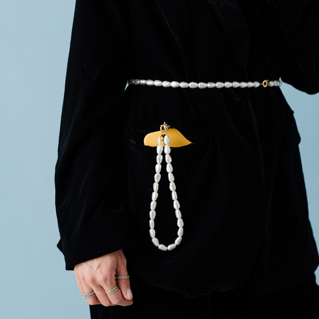 Perla9 Lant telefon / Colier / Curea THE ESSENTIAL accesoriu unisex multifunctional din perle sintetice - placat cu argint