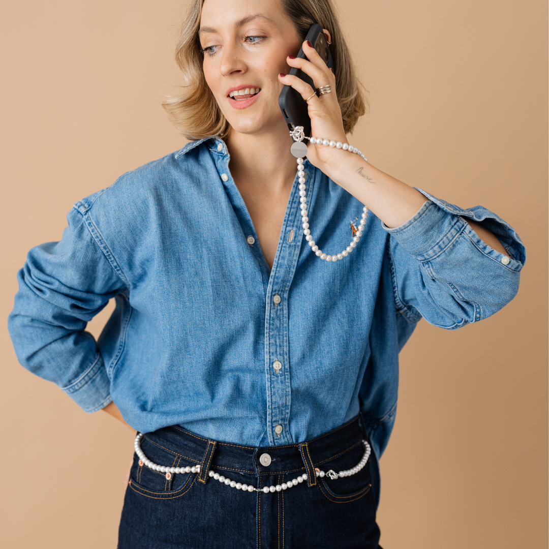 Perla9 Lant telefon / Colier / Curea THE CLASSY accesoriu multifunctional din perle scoica - placat cu aur galben