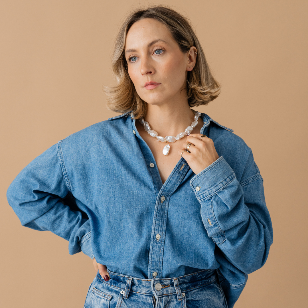 Perla9 Lant telefon / Colier / Curea THE CHUNKY accesoriu multifunctional din perle sintetice - placat cu aur galben