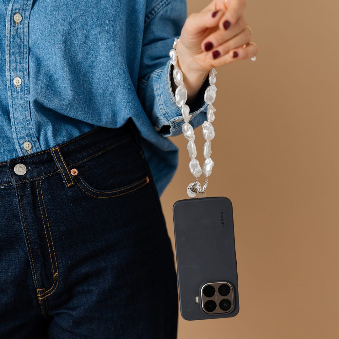 Perla9 Maner telefon / Colier THE CHUNKY accesoriu multifunctional din perle sintetice - placat cu argint