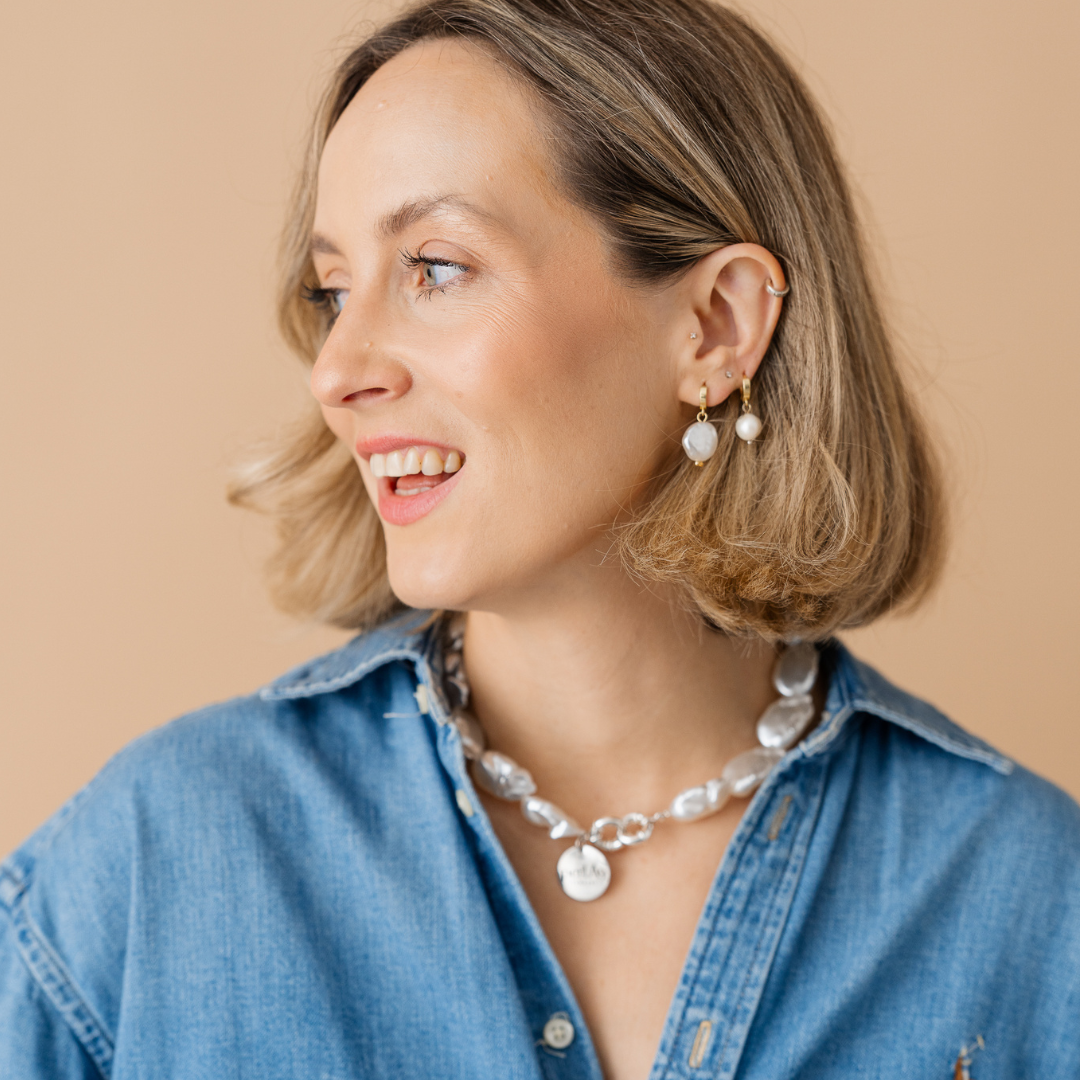 Perla9 Lant telefon / Colier / Curea THE CHUNKY accesoriu multifunctional din perle sintetice - placat cu aur galben