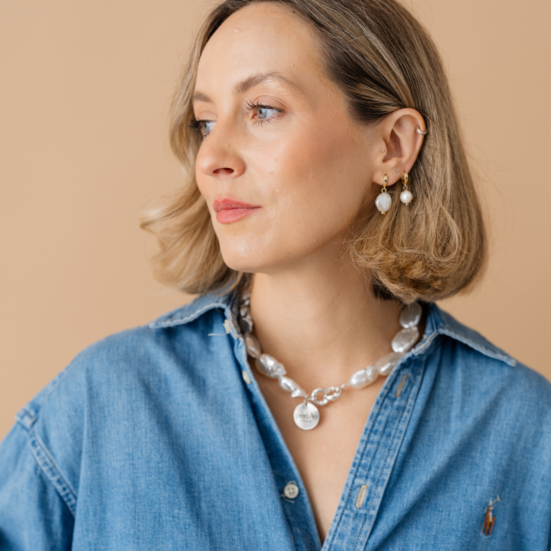 Perla9 Lant telefon / Colier / Curea THE CHUNKY accesoriu multifunctional din perle sintetice - placat cu aur galben