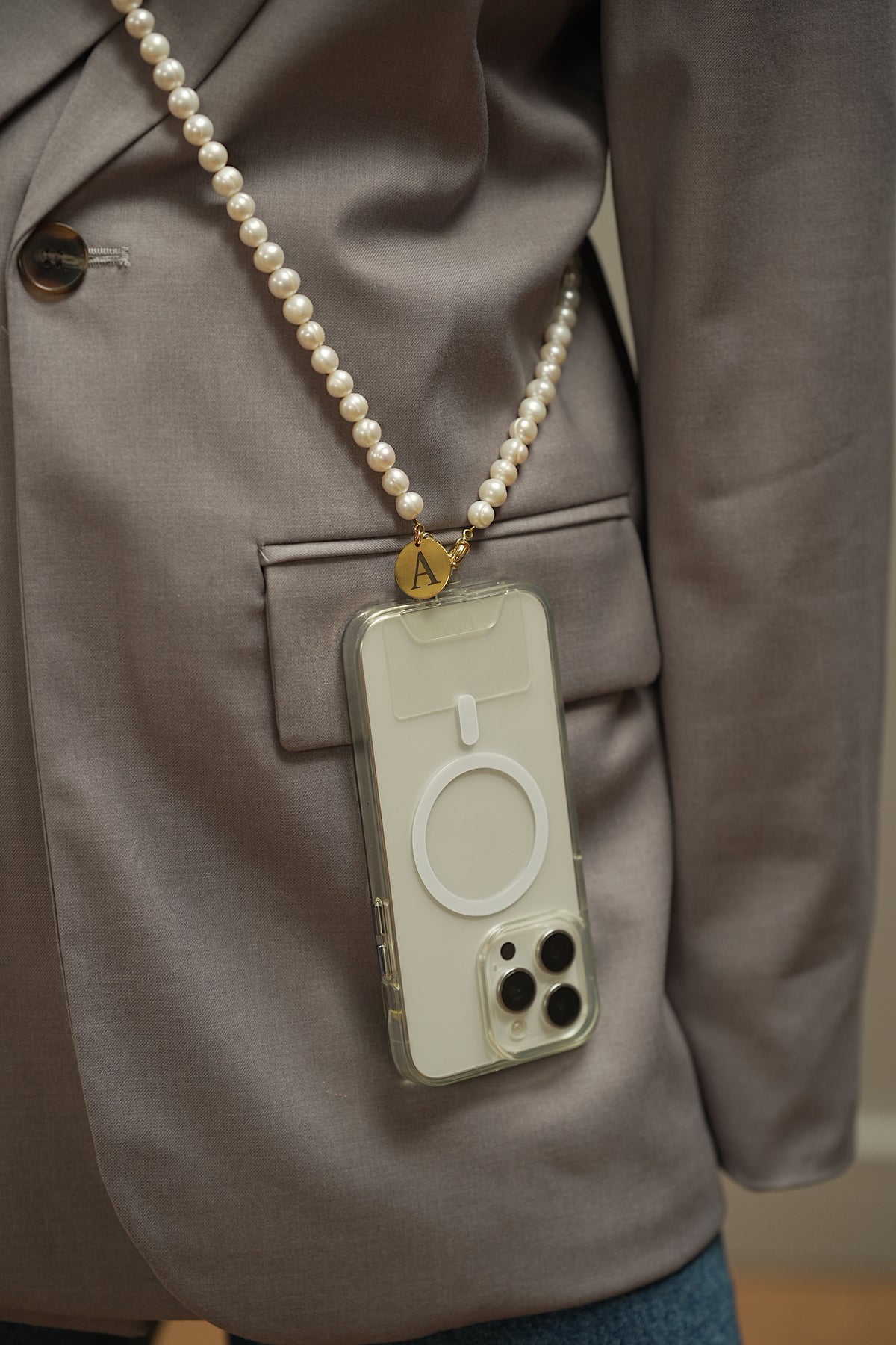Perla9 Lant telefon / Colier / Curea THE NATURAL accesoriu multifunctional din perle de cultura - placat cu argint