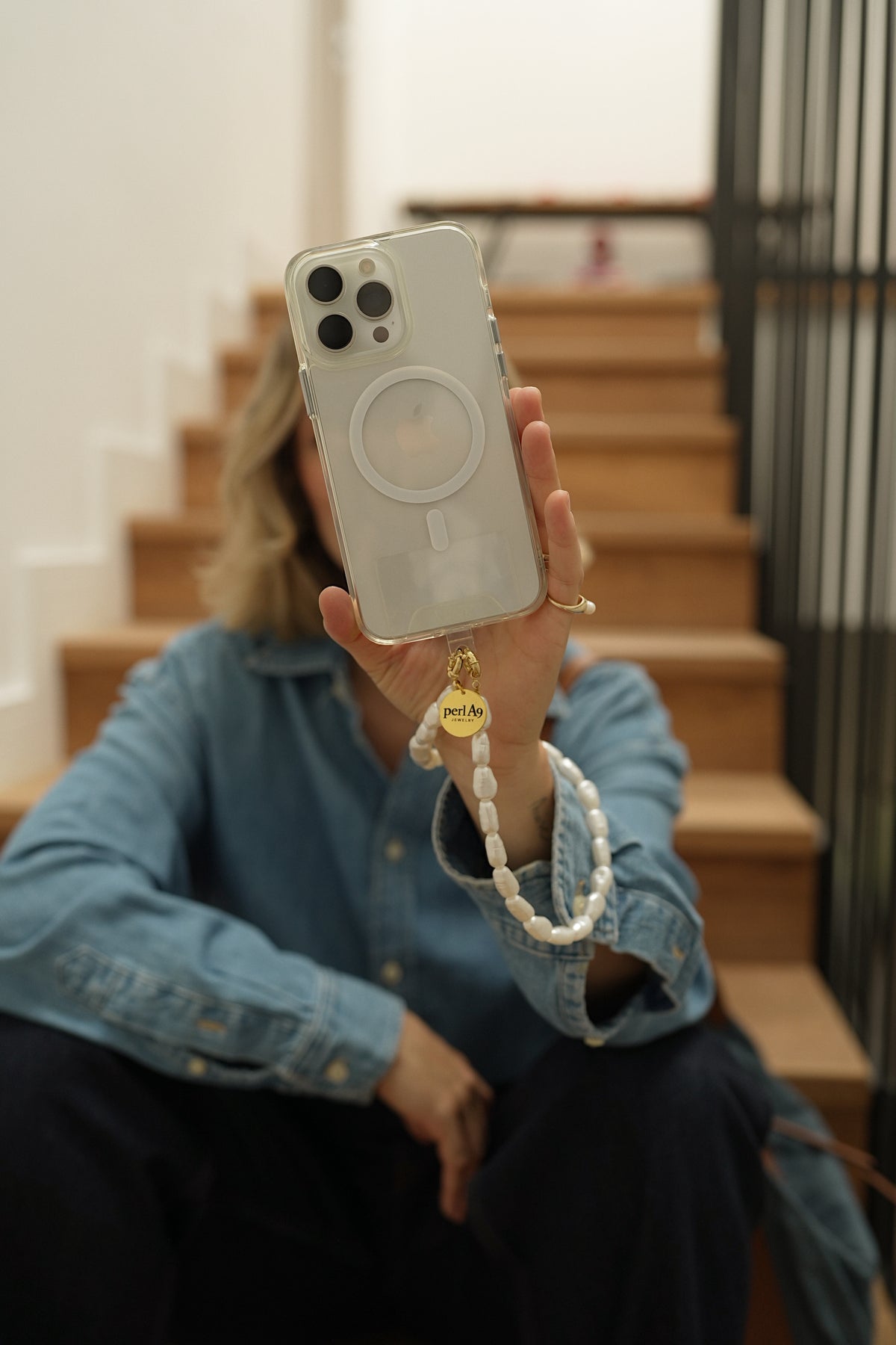 Perla9 Lant telefon / Colier / Curea THE ESSENTIAL accesoriu unisex multifunctional din perle sintetice - placat cu argint