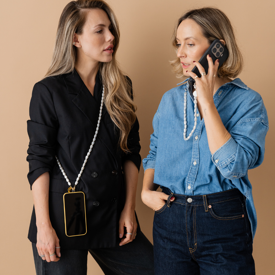 Perla9 Lant telefon / Colier / Curea THE ESSENTIAL accesoriu unisex multifunctional din perle sintetice - placat cu aur galben