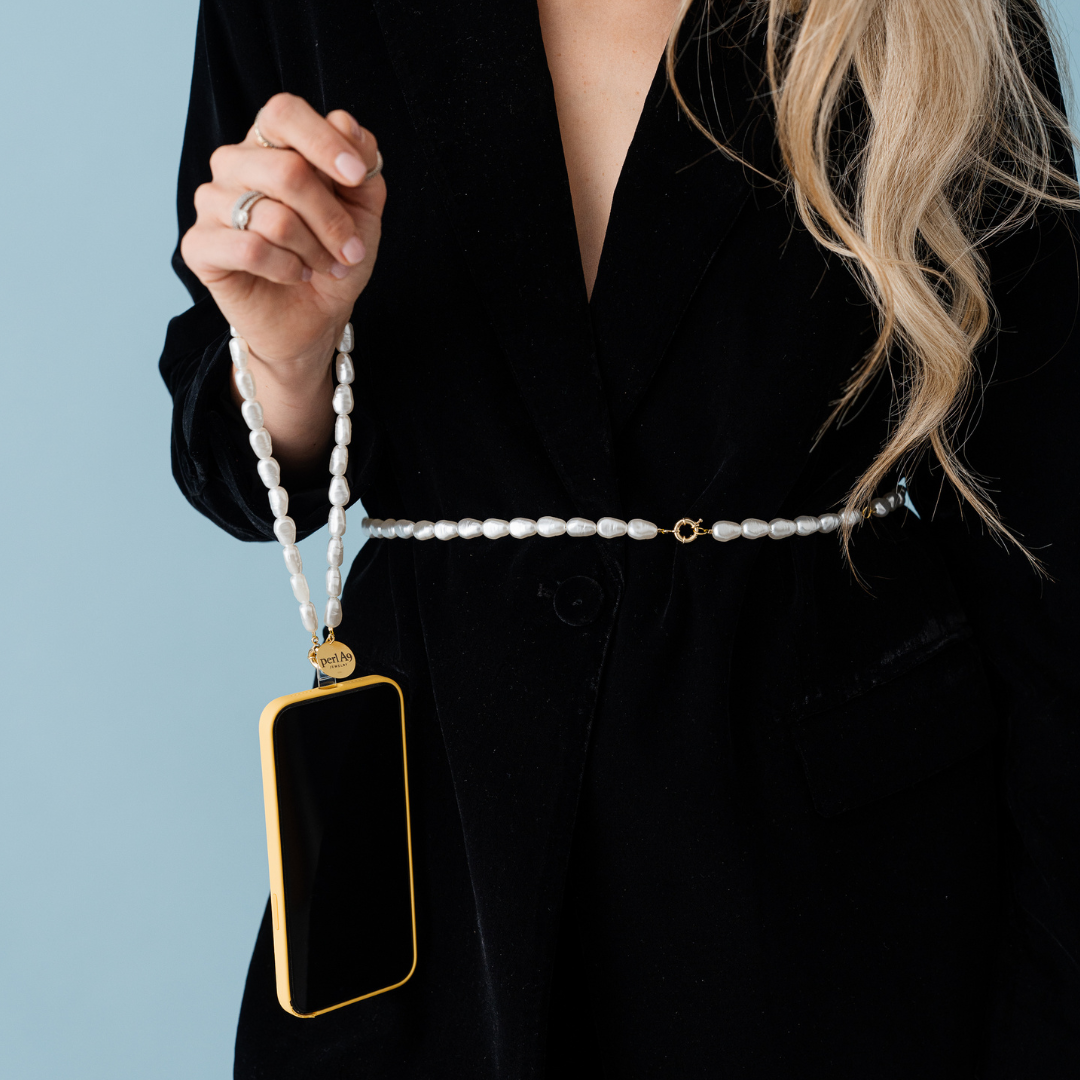 Perla9 Lant telefon / Colier / Curea THE ESSENTIAL accesoriu unisex multifunctional din perle sintetice - placat cu aur galben