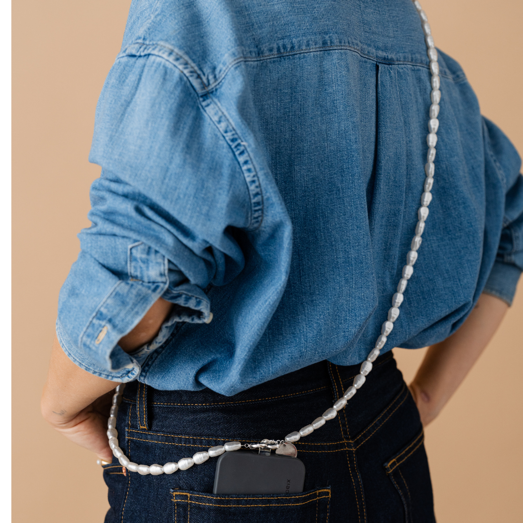 Perla9 Lant telefon / Colier / Curea THE ESSENTIAL accesoriu unisex multifunctional din perle sintetice - placat cu argint