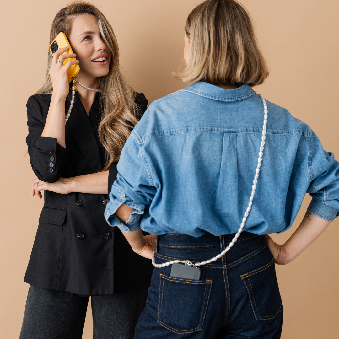 Perla9 Lant telefon / Colier / Curea THE ESSENTIAL accesoriu unisex multifunctional din perle sintetice - placat cu argint