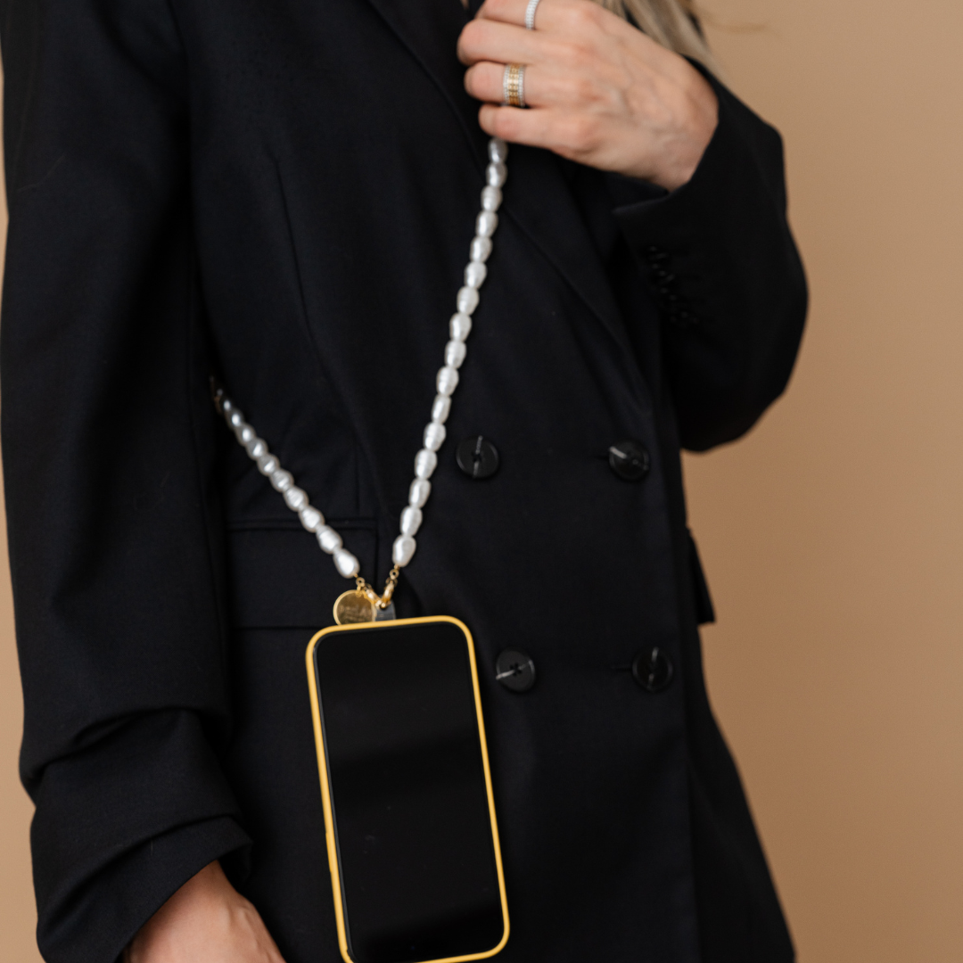 Perla9 Lant telefon / Colier / Curea THE ESSENTIAL accesoriu unisex multifunctional din perle sintetice - placat cu aur galben