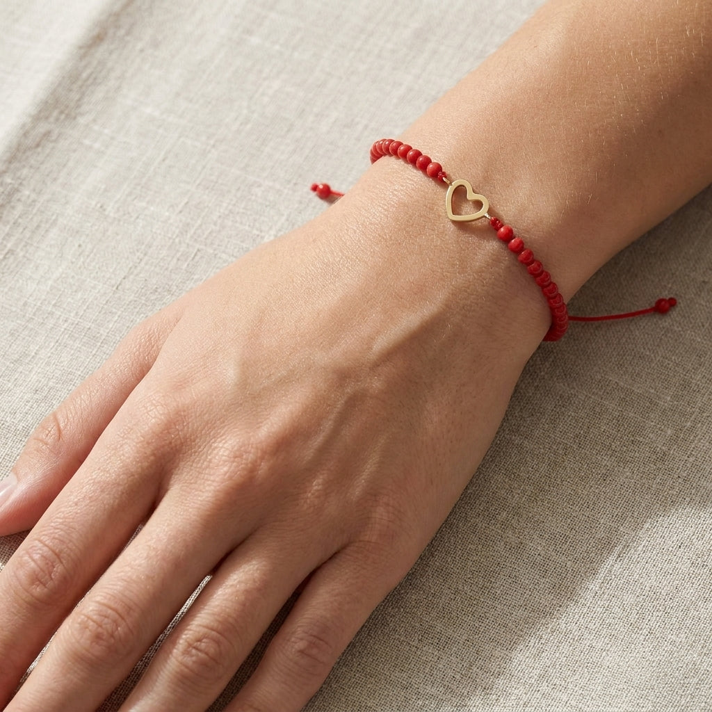 Bratara Aur 14K Premium dama - coral rosu si inima (14 mm)