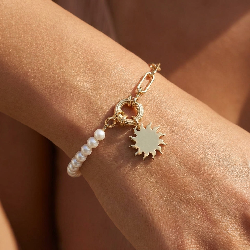 Bratara argint lant si perle SunShine - placata aur galben 18K (image 1/6)
