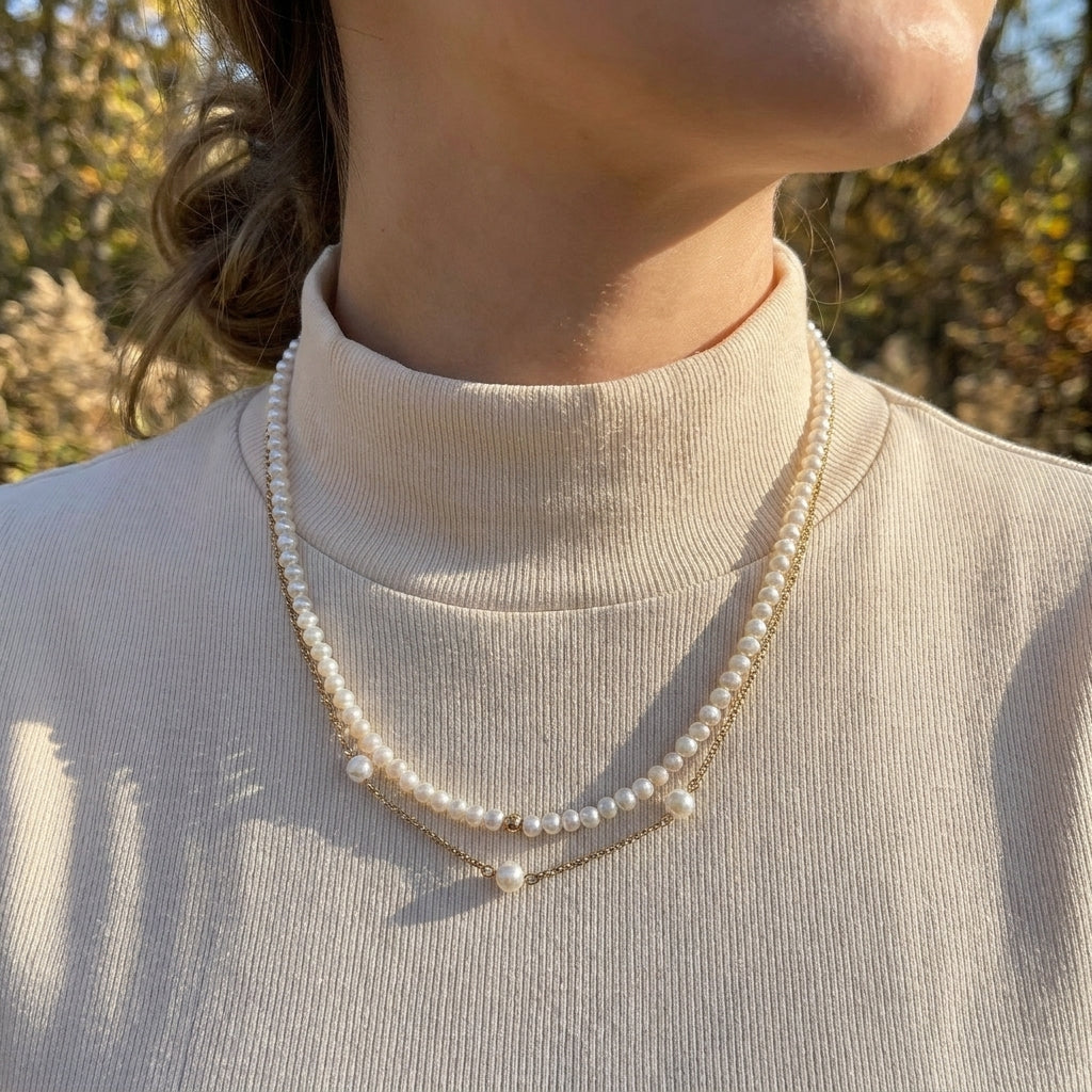 Colier perle dublu argint Double Glam - placat aur galben 18K (image 4/4)