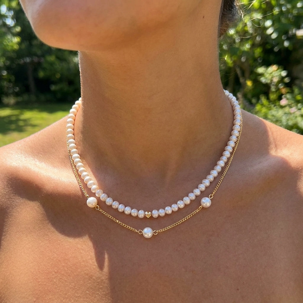 Colier perle dublu argint Double Glam - placat aur galben 18K (image 3/4)