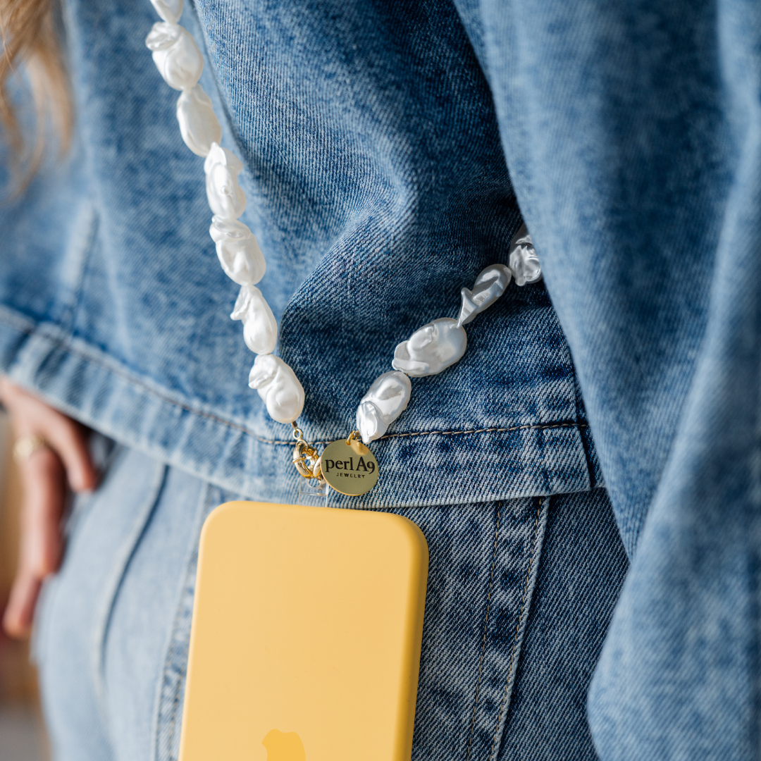 Perla9 Lant telefon / Colier / Curea THE CHUNKY accesoriu multifunctional din perle sintetice - placat cu aur galben