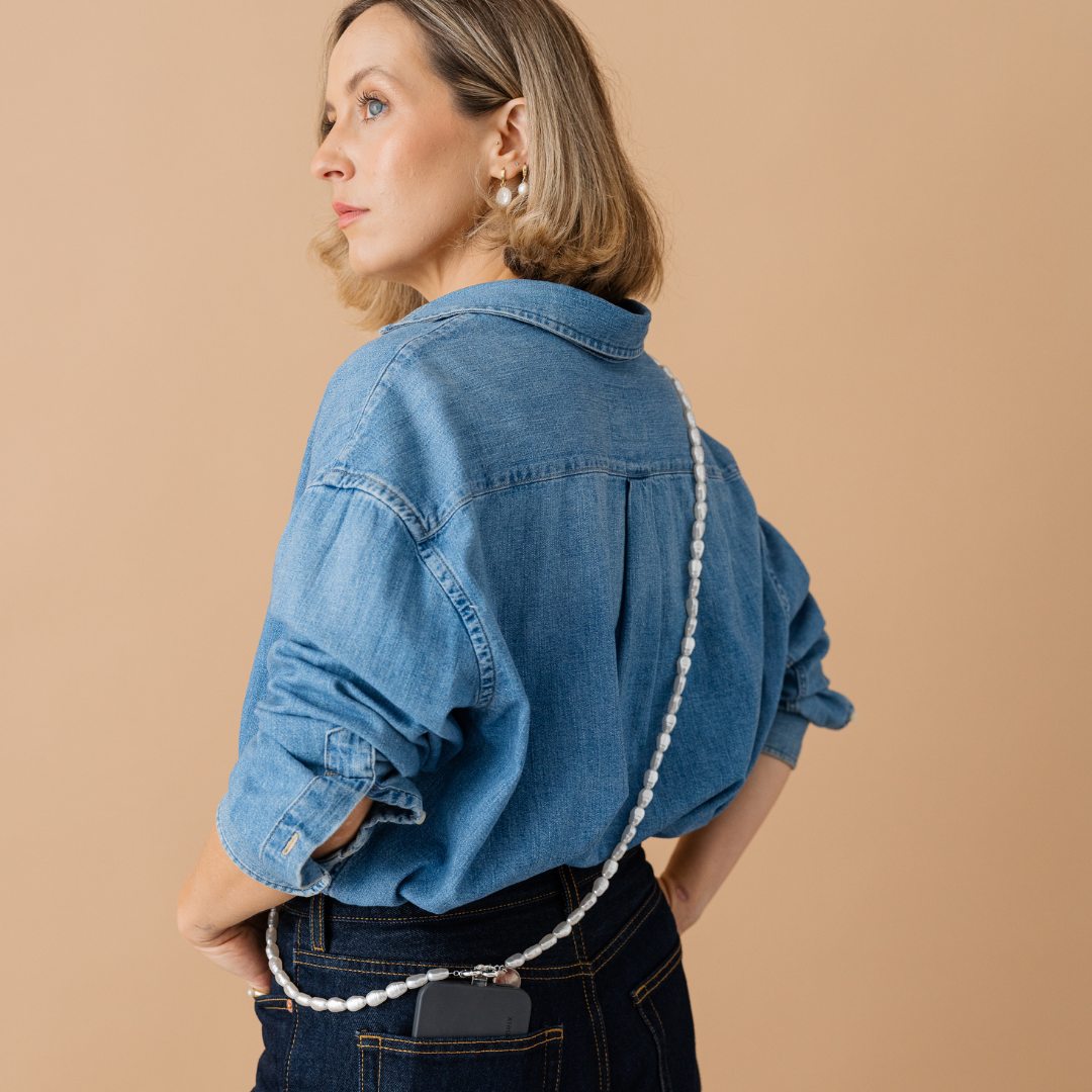 Perla9 Lant telefon / Colier / Curea THE ESSENTIAL accesoriu unisex multifunctional din perle sintetice - placat cu aur galben