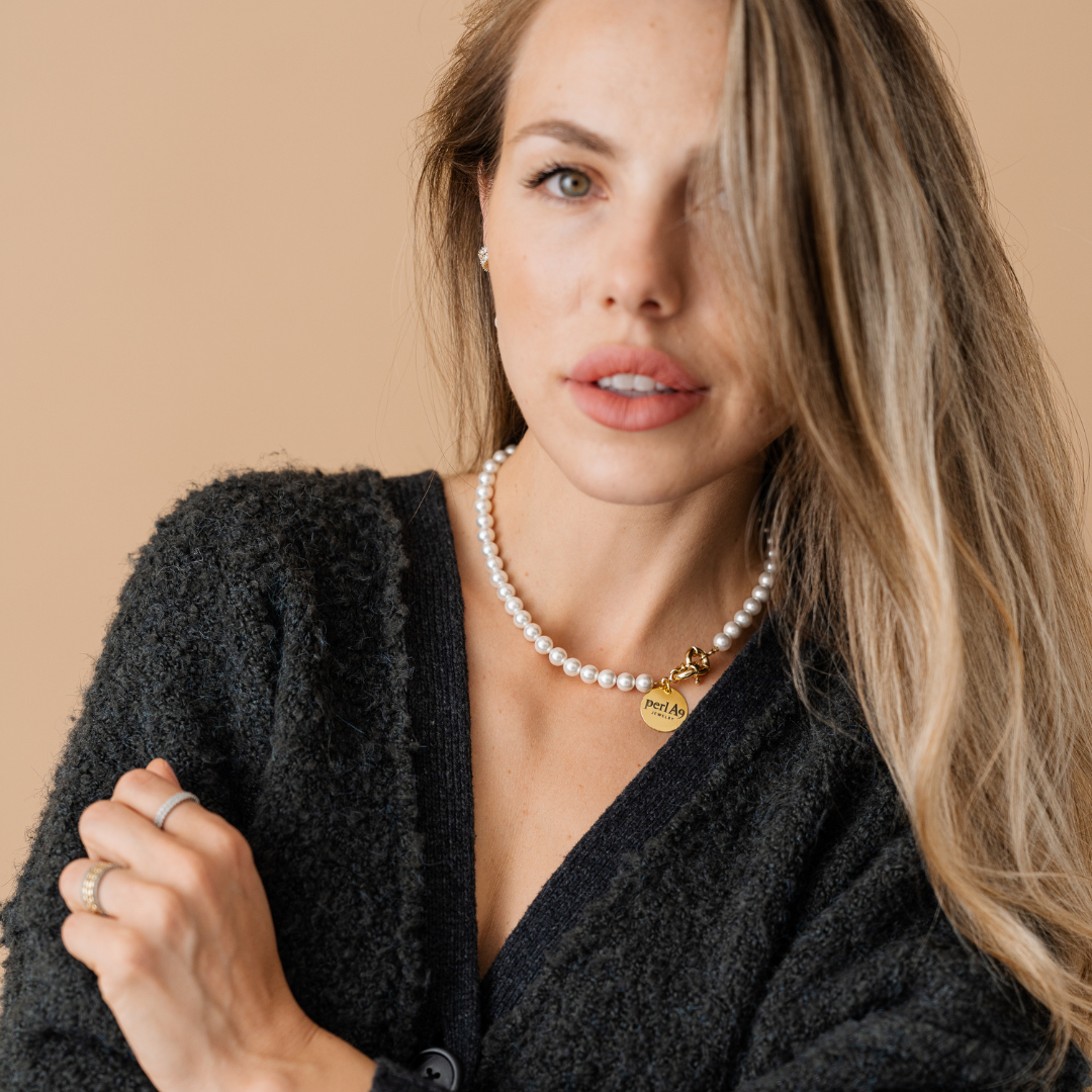 Perla9 Lant telefon / Colier / Curea THE CLASSY accesoriu multifunctional din perle scoica - placat cu argint