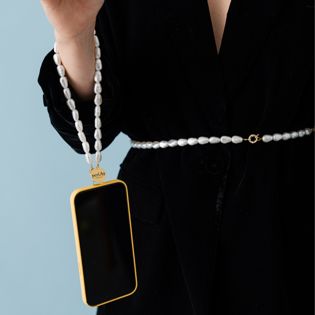 Perla9 Maner telefon / Colier THE ESSENTIAL accesoriu unisex multifunctional din perle sintetice - placat cu aur galben