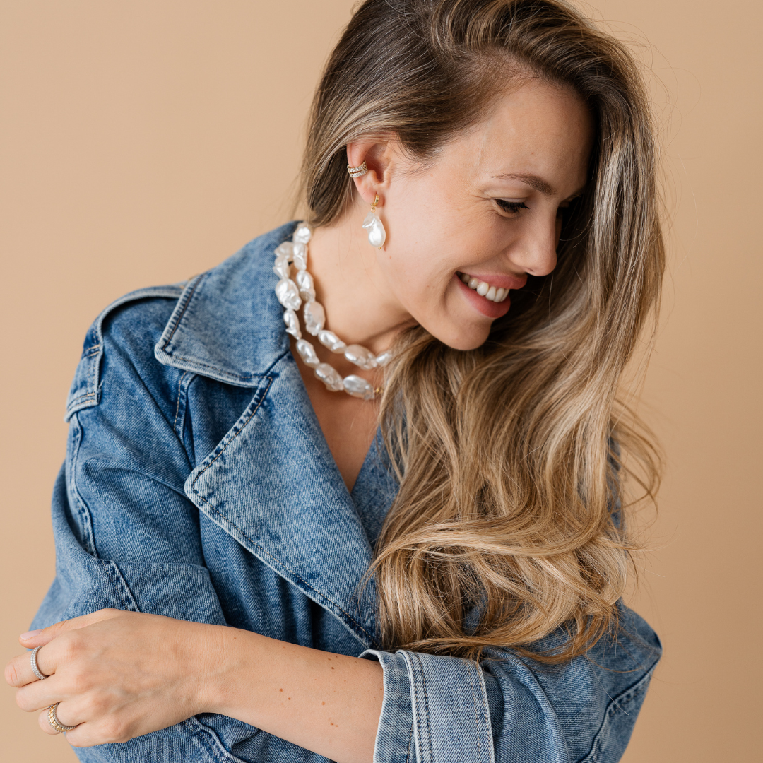 Perla9 Lant telefon / Colier / Curea THE CHUNKY accesoriu multifunctional din perle sintetice - placat cu aur galben