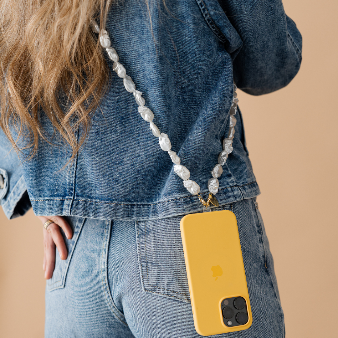 Perla9 Lant telefon / Colier / Curea THE CHUNKY accesoriu multifunctional din perle sintetice - placat cu aur galben