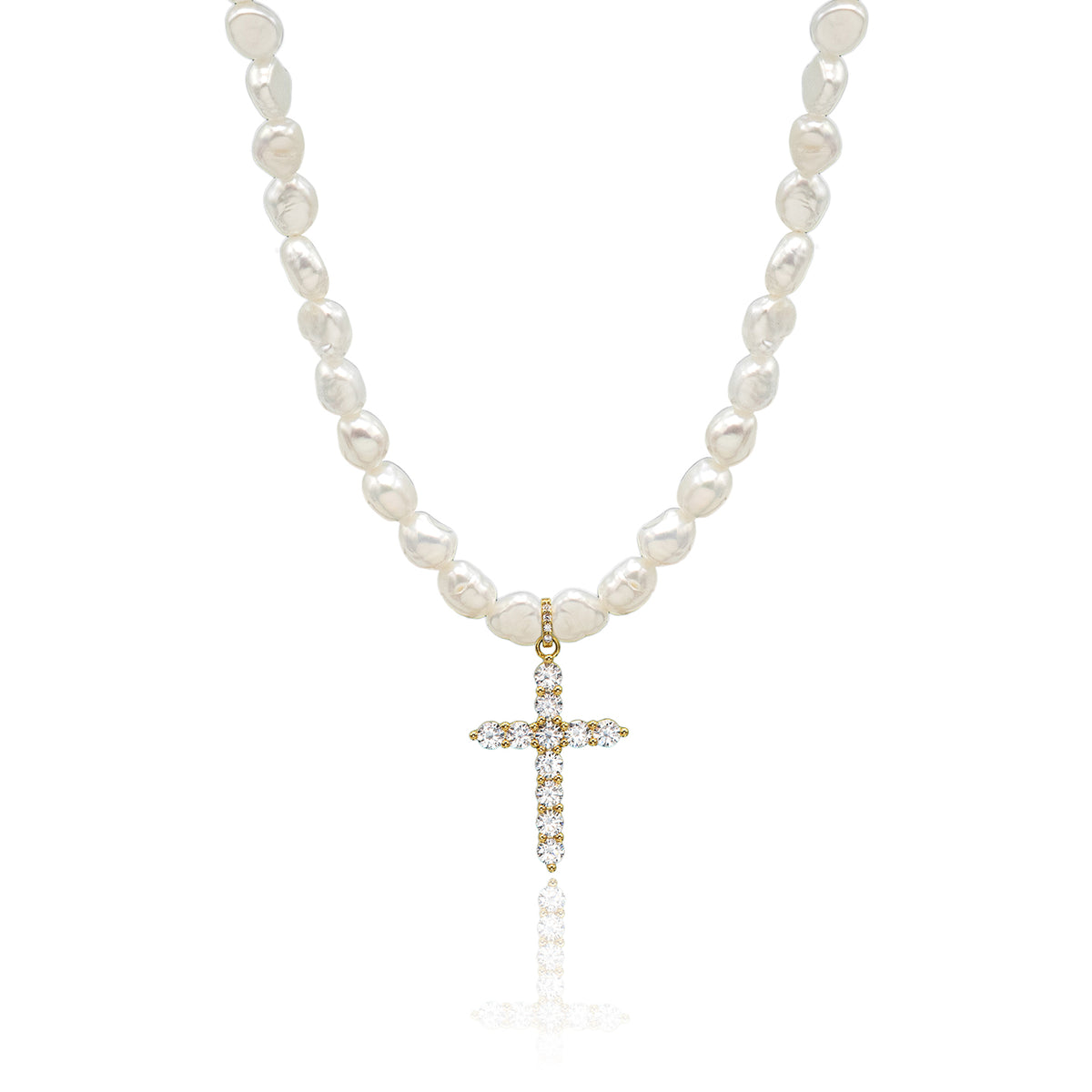 Colier perle argint cu pandantiv cruce Pure Soul - placat aur galben 18K