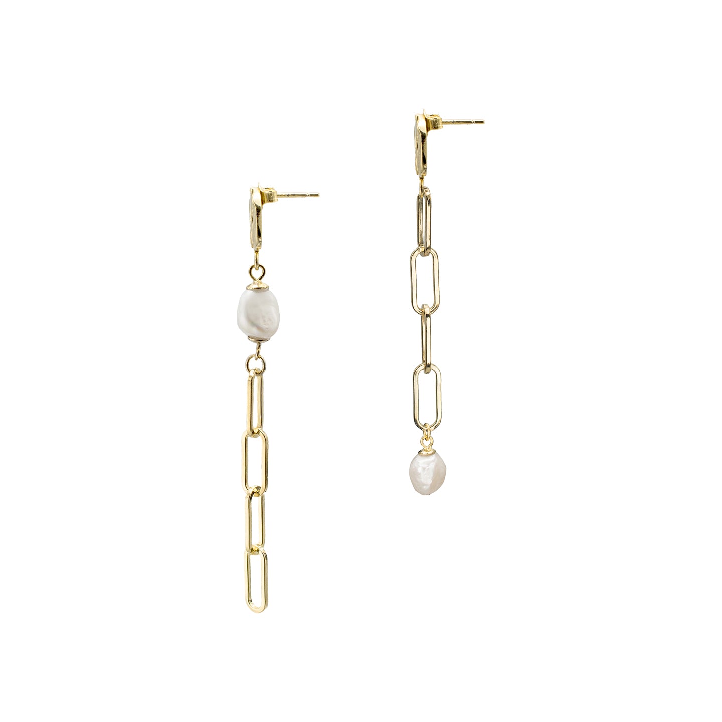Cercei argint cu perle asimetrici Flawless - placati aur galben 18K