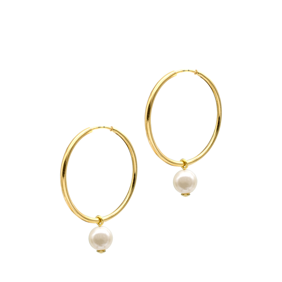 Cercei rotunzi argint creole Hoopy Pearl - placati aur galben 18K