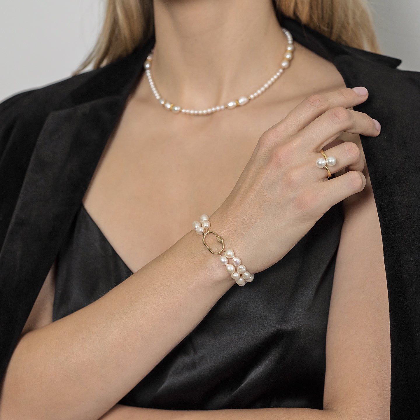 Inel reglabil argint cu perle Pretty Woman - placat aur galben 18K